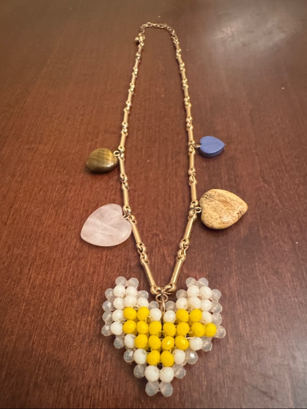 Anthropologie Beaded Heart Pendant Necklace - Yellow & White Heart Charm